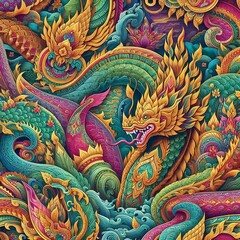 Fototapeta premium Thai Naga Dragon Art – Vibrant Mythological Serpent Colorful Thai Serpent – Mystical Naga in Traditional Art 