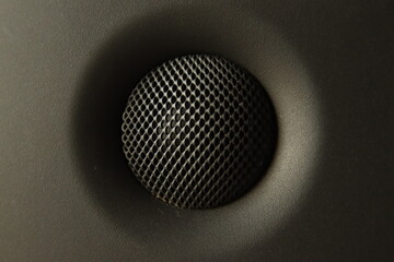A close-up image of a speaker tweeter, featuring a black mesh grille for acoustic protection, surrounded by a sleek matte surface