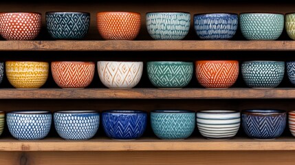 Colorful Ceramic Bowls Displayed on Wooden Shelves in a Rustic Kitchen Environment