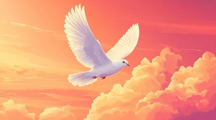 Dove in Sunset Sky: A majestic white dove soars gracefully through a vibrant sunset sky, its wings outstretched against a backdrop of fluffy clouds, symbolizing peace, hope, and freedom. 