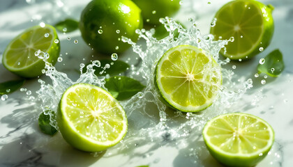 A dynamic composition of green lime slices and water splashes frozen in time, symbolizing vitality and natural refreshment