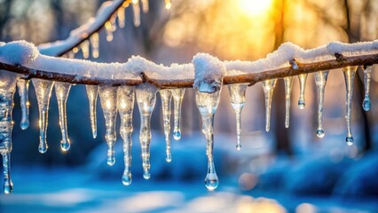 Icy icicles hanging from a frosty white branch in winter, frozen droplets of water glistening in sunlight, branch, icicles, branch