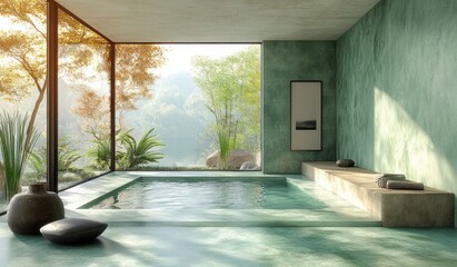 Minimalist Interior Design with Earthy Green Palette and Natural Light in Modern Room