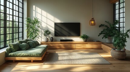 Minimalist Living Room Design with Cozy Sofa Wood Tones and Natural Lighting