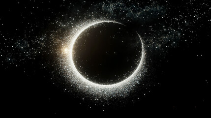 A white circle on a black background with many small stars, a halo in the shape of a crescent moon made from iridescent crystal with glittering edges on top.