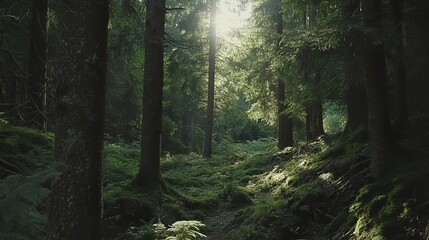 Obraz premium Tranquil forest of towering spruce, fir, and pine trees bathed in soft sunlight, evoking a serene connection with nature.