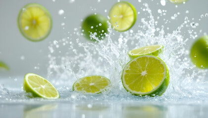 A dynamic composition of green lime slices and water splashes frozen in time, symbolizing vitality and natural refreshment