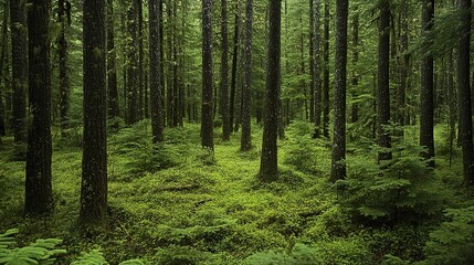 Fototapeta premium Tranquil forest of towering spruce, fir, and pine trees bathed in soft sunlight, evoking a serene connection with nature.