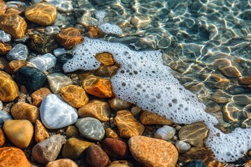 Tranquil Beach Scene with Colorful Pebbles in Clear Water