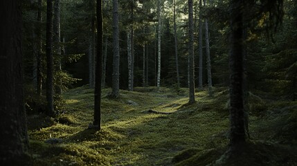 Obraz premium Tranquil forest of towering spruce, fir, and pine trees bathed in soft sunlight, evoking a serene connection with nature.