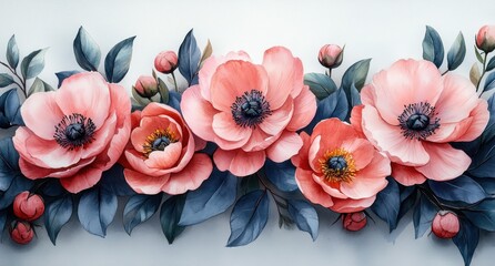 Fototapeta premium watercolor floral arrangement soft pink peonies delicate leaves elegant romantic style natural light illustration