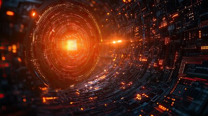 Fototapeta premium Futuristic tunnel with glowing orange lights and intricate circuitry, representing advanced technology