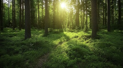 Fototapeta premium Tranquil forest of towering spruce, fir, and pine trees bathed in soft sunlight, evoking a serene connection with nature.