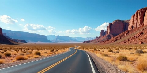 A scenic highway curves through an arid landscape, leading towards majestic red rock formations under a vibrant blue sky
