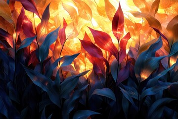 Surreal Abstract Representation of Cornfield with Exaggerated Colors and Shapes Dramatic Lighting Dreamlike Atmosphere