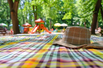 A sunlit picnic scene featuring a checkered blanket and a straw hat, with playground equipment visible in the background amid lush greenery.