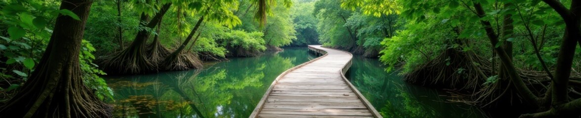 Fototapeta premium Elevated boardwalk winds through lush mangrove swamp , serenity, trees