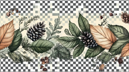 Autumn leaves and pine cones botanical illustration pattern