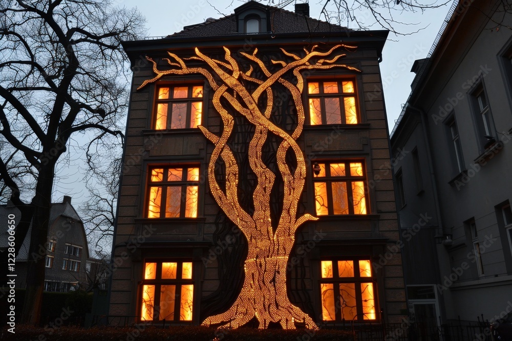 Poster a beautifully illuminated building featuring a large, artistic tree design made of lights, creating 