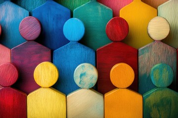 Workplace diversity portrayed through different colored geometric shapes in harmony with soft box lighting composition and symmetrical composition 