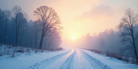 Serene Winter Sunrise on a Snow-Covered Road Through a Misty Forest
