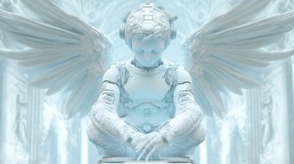 Classical Cherub Statue Perched in Serene Ethereal Space