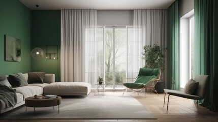 Fototapeta premium Modern Living Room Interior with Green Accent Wall and White Armchair on Wooden Floor