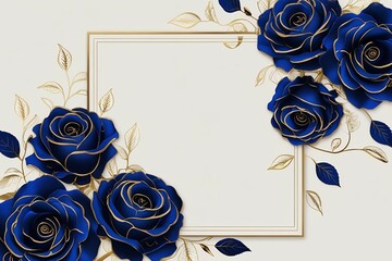 A luxurious wedding invitation template featuring deep royal blue roses with golden outlines, arranged in an artistic floral frame. 