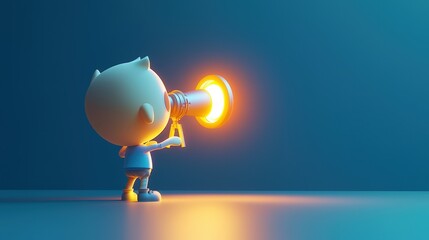 Cute cartoon character with a megaphone in a blue and orange minimalist scene