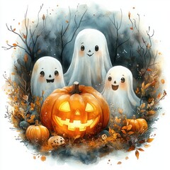 Obraz premium Whimsical Halloween Wreath Watercolor Illustration with Ghosts Pumpkins Skulls Leaves for Party Decoration Cards