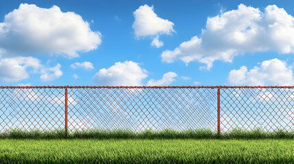 Chain-link fence, grassy field, blue sky, clouds, background