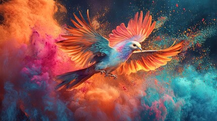 Colorful dove in flight amidst vibrant powder explosion.