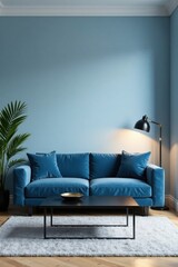 Serene Living Room Interior Design with Blue Velvet Sofa and Modern Floor Lamp