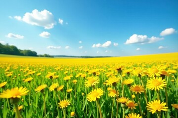 Fototapeta premium Golden dandelions blanket field, cloudless azure sky, bloom, plant