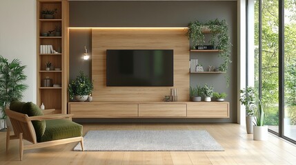 Scandinavian style modern living room with armchair and wooden TV cabinet