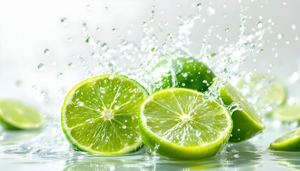 A dynamic composition of green lime slices and water splashes frozen in time, symbolizing vitality and natural refreshment