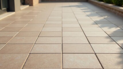 Sunlight Illuminates a Newly Installed Patio's Beige Square Tiles, Creating a Sense of Tranquility and Modern Outdoor Living