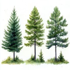 Fototapeta premium Watercolor Pine Trees Collection Winter Nature Art Hand Drawn Illustration on White Background
