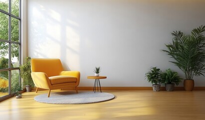 Minimalist Living Room Design with Yellow Armchair and Potted Plants