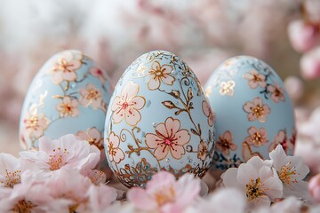 Fototapeta premium Easter eggs in a bird nest on a wooden table, in the rustic style decoration for the Easter holiday. Pastel color painted eggs with willow branches and flowers