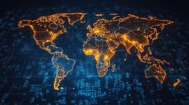 Fototapeta Global data network visualization showcasing illuminated world map with digital elements and connections