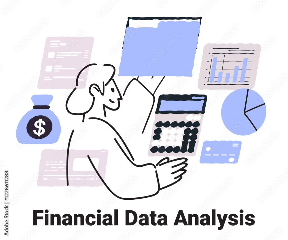 Poster financial data analysis concept with charts calculator money bag and person analyzing reports in min