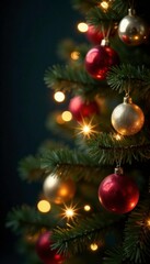 Fototapeta premium Sparkling light garland balls on a decorated fir tree, decoration, holiday