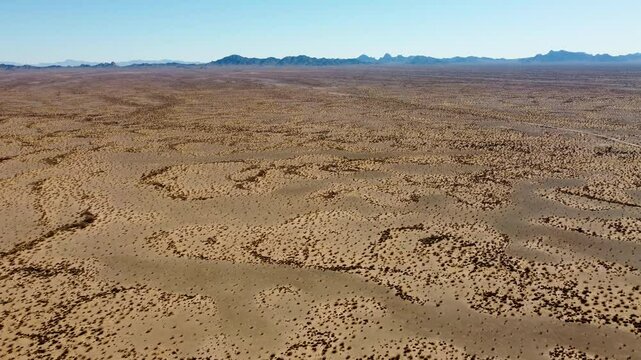 US, AZ, Quartzsite, Copperstone Mine, 2025-01-14 - Drone view flying over open desert with a dirt road on tte right