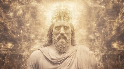 Detailed Bust of a Robed Philosopher Surrounded by Mystical Light