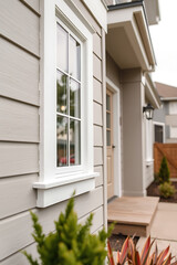 Modern House Exterior: Grey Siding, White Trim, and a Charming Window Detail