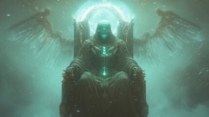 Fototapeta premium Ethereal Framed Painting of a Robed Figure with Mystical Wings