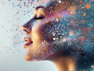 A joyful young woman’s face as glowing social media icons and emojis burst upon impact, exploding into colorful digital particles in a dynamic, high-energy moment.