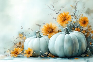 Minimalist Flat Lay of White Pumpkins and Yellow Flowers for Thanksgiving and Fall Celebration