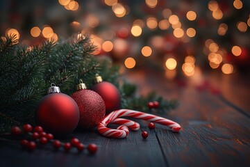 Festive Holiday Arrangement with Pine Branches Ornaments and Candy Canes in Rustic Style